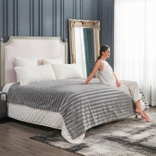 Cozy Bliss Faux Fur Throw Blanket for Couch, Cozy Warm Plush Striped Blanket for Sofa Bedroom Living Room, 108 * 90 Inches Gray by Cozy Bliss - Image 4