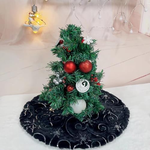 Deggodech Mini Black Plush Christmas Tree Skirt 61cm Small Faux Fur Christmas Tree Skirt Base Cover with Silver Sequin Snowflake Xmas Tree Skirt for Christmas New Year Holiday Decorations - 24 inches