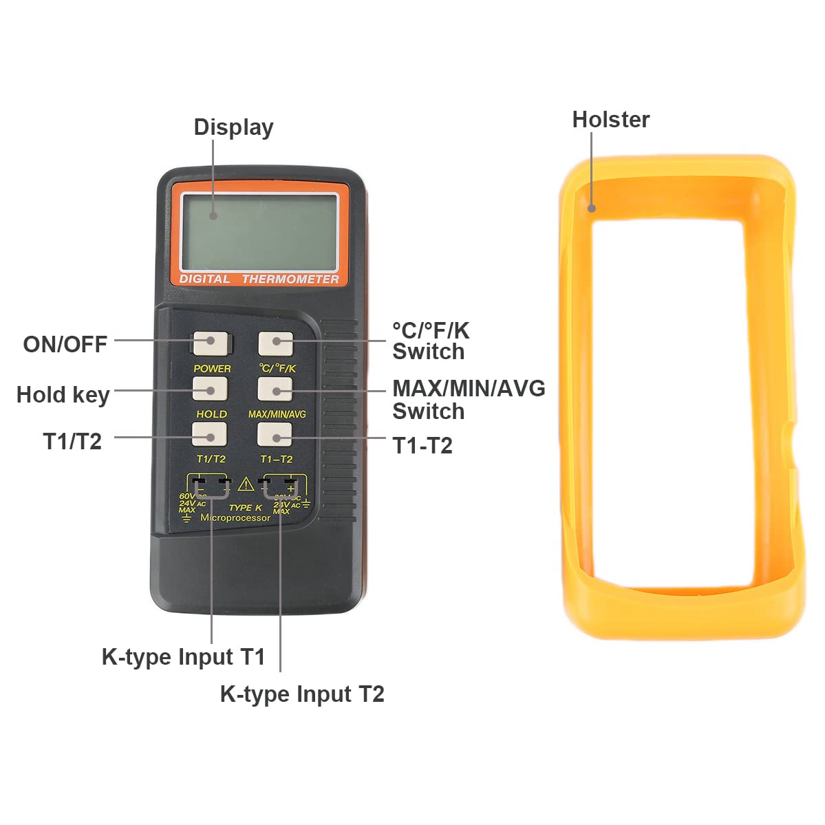 Mengshen K-Type Digital Thermometer, 2 Channel with 4 Thermocouples Probe Sensor -50~1370°C (-58~2498°F) °C °F Kelvin Scale Switchable Handheld Temperature Meter Measurement