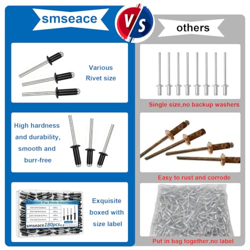 Image of smseace 180 Pcs 3 /16 Inches Black Rivets 3 /16 inch x (5 /16 inch, 3 /8 inch, 1 /2 inch, 5 /8 inch) Aluminum Pop Rivets Assortment Kit - Assorted Blind Rivets for Metal,Furniture,Automotive,Instrument