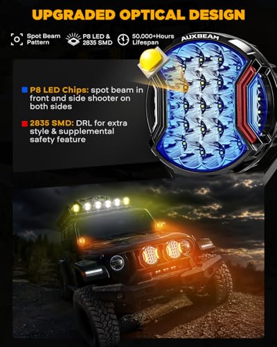 Image of Auxbeam V-Ultra Series 9 inch Round LED Auxiliary Lights Offroad Lights 2-Pack | 270 Lighting Angle, Side Shooter Optics, Amber DRL, Hyper Spotlight, 300W 35600LM, for Jeep Ford Truck SUV ATV RZR 4x4