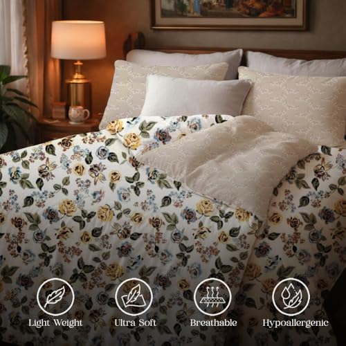 Image of Utopia Bedding Microfiber AC Comforter for King Size 220x240 cm - Lightweight, Skin-Safe & Hotel-Style Quilted Blanket with Floral Print (Beige)