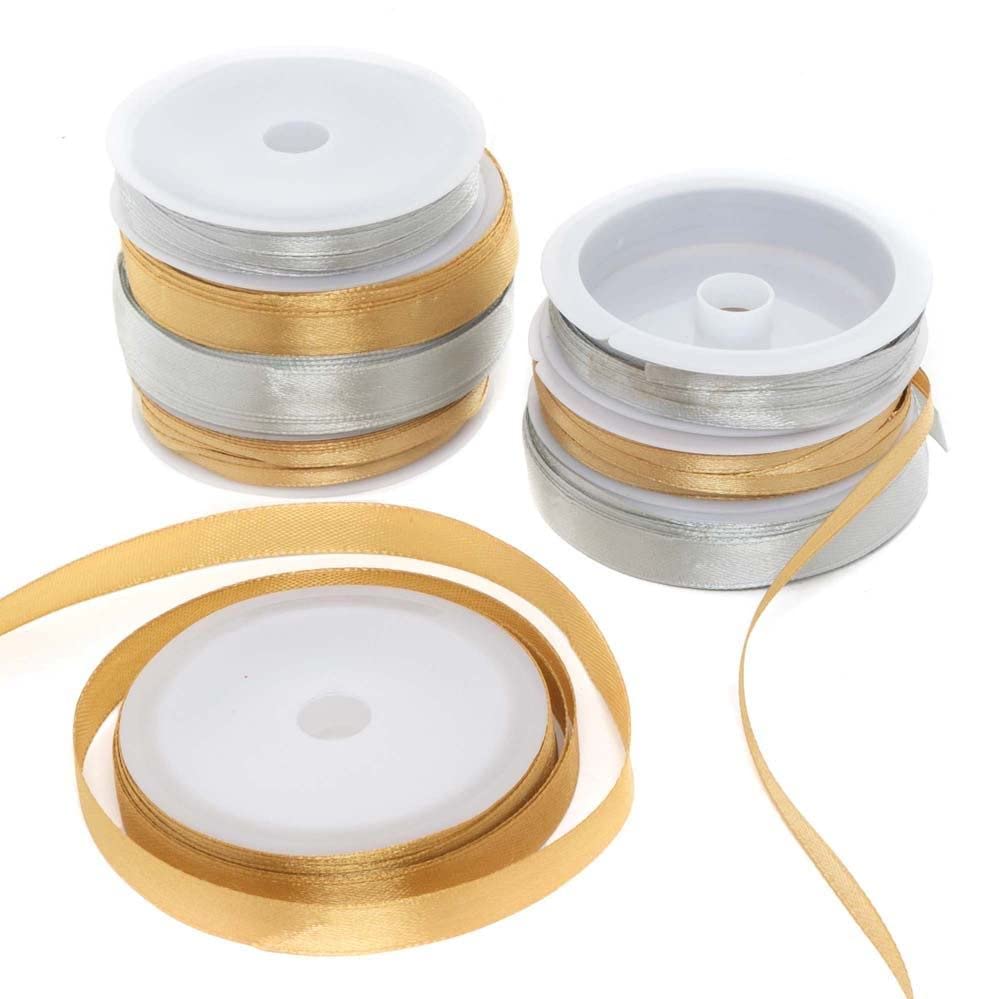 Baker Ross FE801 Gold and Silver Satin Ribbon Value Pack, Pack of 8