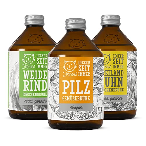 J.Kinski BIO Klassiker Mischbox (6x525ml) - 2x Freilandhuhn Knochenbrühe | 2x Weiderind Knochenbrühe | 2x Pilz Gemüsebrühe - reich an Collagen, Paleo & Ketogene Diät, Superfood Cover