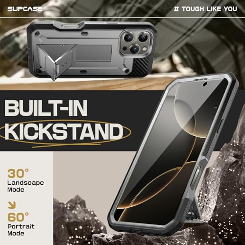 Image of SUPCASE for iPhone 16 Pro Case with Screen Protector (Unicorn Beetle Pro), [Built-in Stand & Belt-Clip] [Military-Grade Protection] Full Body Heavy Duty Phone Case for iPhone 16 Pro 6.3'' 2024, TiGray