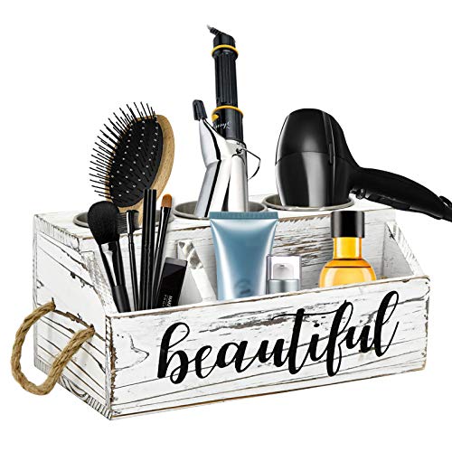 Rustic Wood Hair Dryer Holder, Hair Styling Product Care Tool Organizer, Bathroom Countertop & Vanity Caddy Storage Stand for Blow Dryer Straightener Curling Iron with 3 Stainless Steel Buckets White