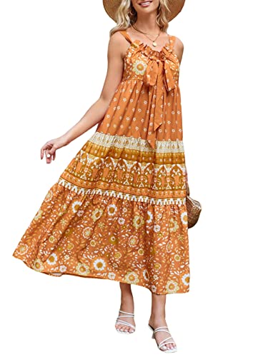 Zaful Women's 2023 Summer Maxi Dress Bohemian Ethnic Floral Ruffle Smocked Sleeveless Knot Long Beach Sun Dress #TOP26