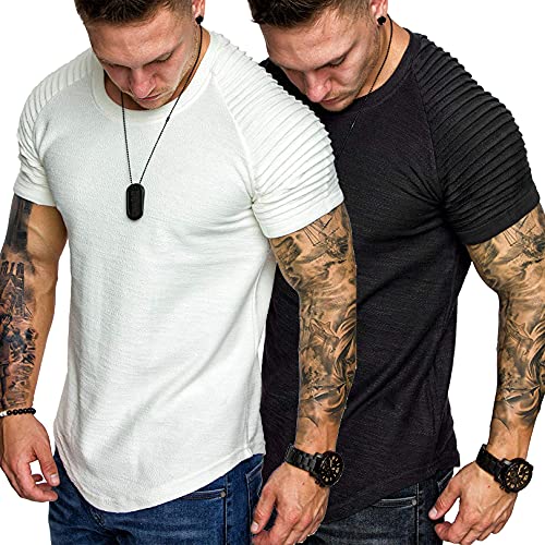 COOFANDY 2 Packs Pleats Sleeve T-Shirts Pleated Sleeve Longline Hipster Tees Slim Fit Fashion Shirt (Black/White M)