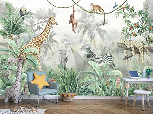 Reyhui Kids Wallpaper Tropical Leves and Safari Animals Wall Mural