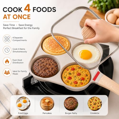Image of Non-Stick 4-Hole Frying Pan for Cooking | Heavy-Duty Iron Egg Frying Pan with Wooden Handle | Multi-Section Omelette & Pancake Maker | Non-Stick Breakfast Skillet for Kitchen (White)