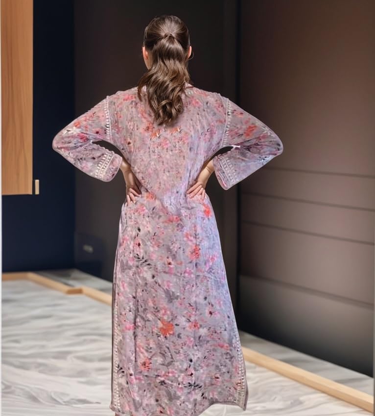 Image of GoSriKi Women's Rayon Viscose Printed & Chikankari Embroidered Straight Kurta