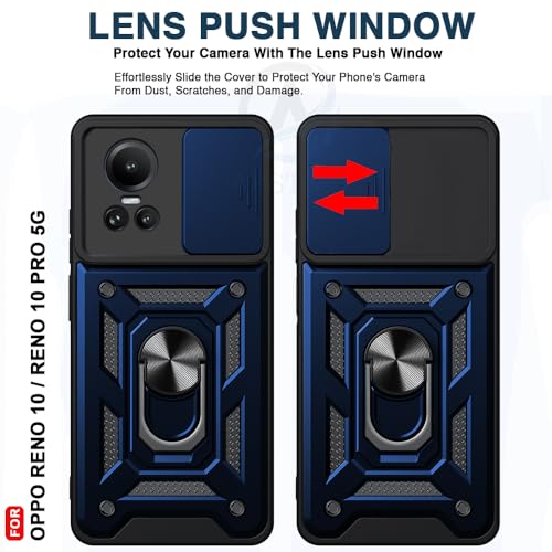 Image of AESTMO Oppo Reno 10 /10 Pro 5G Back Cover | Ring Holder & Sliding Camera Shield Cover | 360 Degree Protection Back Case Cover for Oppo Reno 10 /10 Pro 5G (Blue)