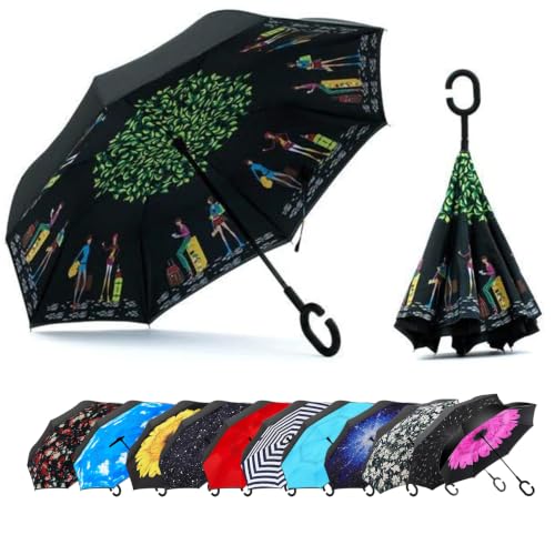 JOOAYOU Dwuwarstwowy odwrócony parasol, uchwyt w kształcie litery C, odwrócony parasol, ochrona przed promieniowaniem UV, wiatroszczelny, w podróży., M