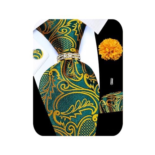 Image of 5PCS Tie and Pocket Square for Men, Silk Necktie and Handkerchief Cufflinks with Gold Ring and Lapel Pin Set