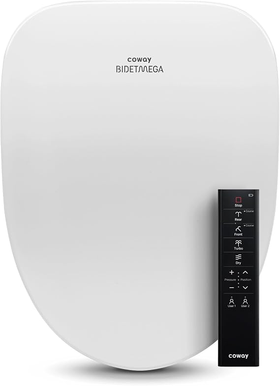COWAY Bidetmega 500S Electronic Bidet Toilet Seat with Instantaneous Water Heating, Heated Seat and Dryer, Auto Open and Close Lid, Night Light, Deodorizer, Stainless Nozzle, Remote Control, Elongated