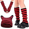 ViEinkaufen Y2k Crochet Beanie Hats, Knitting Striped Arm and Leg Warmers Fashionable Y2k Accessories Outdoor Activities for Women Girl(Red+Black)