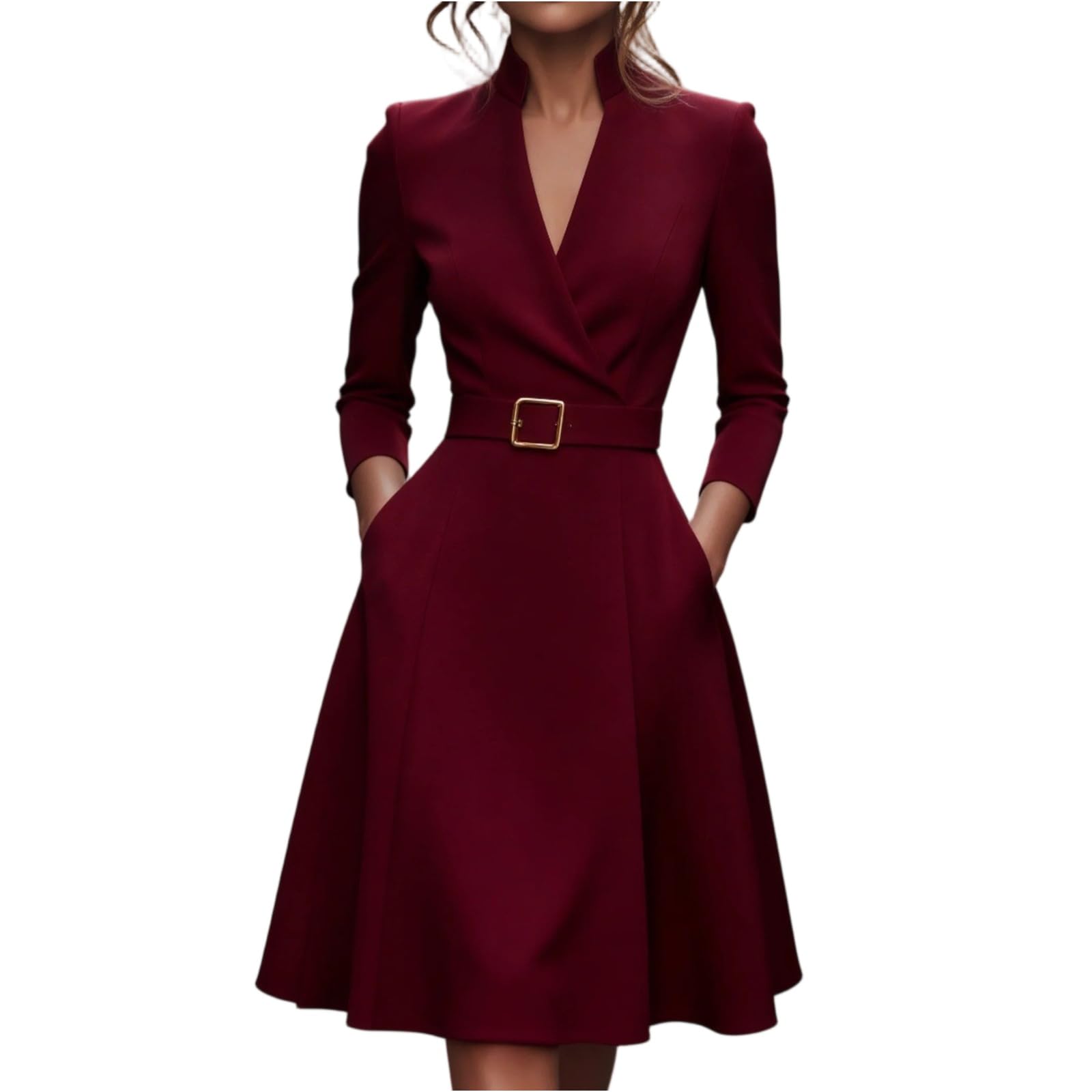 Vestido Mujer Elegante Manga Larga - Vestido Invitada Boda Cuello En VEntallado, Dresses Midi Trabajo Moda, Dresses For Women Línea A Classic Adecuado para Primavera Y Verano