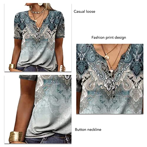 Camiseta feminina de manga curta com estampa de flores, túnica casual, ajuste solto, gola de botão,