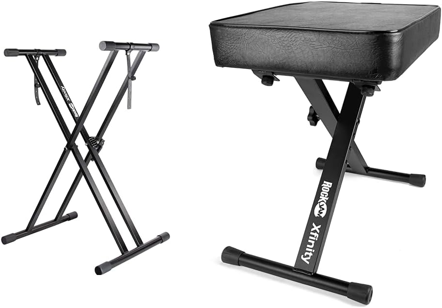 RockJam Xfinity Heavy-Duty, Double-X, Adjustable Piano Keyboard Stand with KB100 Padded Keyboard Bench