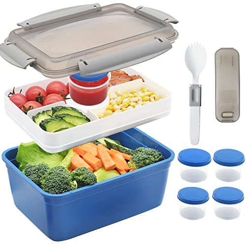 Greentainer Salatbehälter aus PP, Lunch-Behälter mit 5 Fächer,Bento Box mit 5 Dressingbehälter für Salat und Snacks, 1900ml Auslaufsicher Salatschüssel,Spülmaschinen- und Mikrowellenfest (Blau) Cover