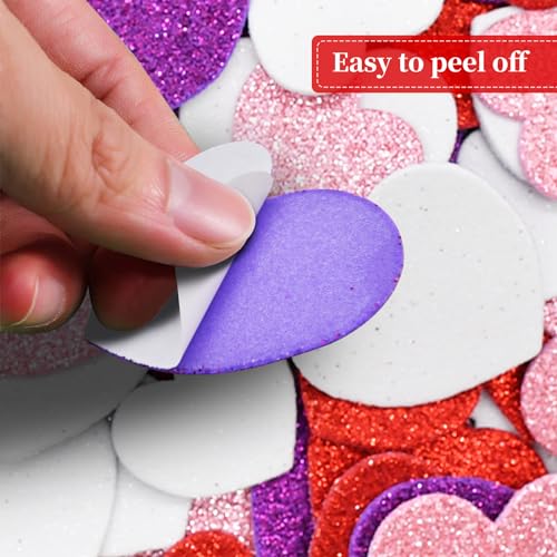 Image of 400 Pieces Heart Shaped Glitter Foam Stickers - Assorted Red, Purple, Pink, and White Colors in 3 Sizes, Self-Adhesive for Kids Crafts, Valentine's Day Decorations, Wedding Party Favors Supplies