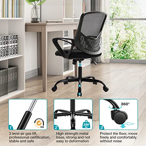 Desk Chair - Office Chair Computer Chair With Wheels Ergonomic Home Office Chair With Lumbar Support And Fixed Armrests, Mid Back Mesh Chair Rolling Swivel Chair，Black #TOP5