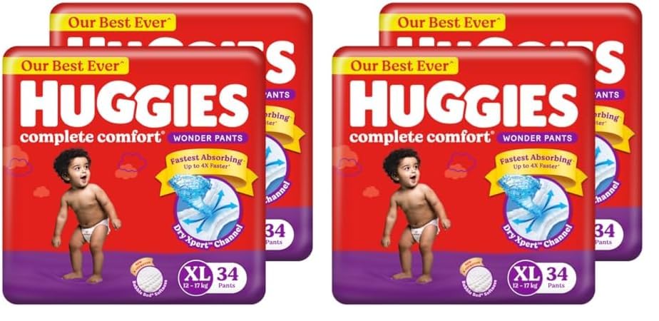 Image of Huggies Complete Comfort Wonder Pants | Pant Style Baby Diapers XL Size, 68 Count | India's Fastest Absorbing Diaper, Patented Dry Xpert Channel, Ideal for 12 to 17 Kgs (Pack of 2)