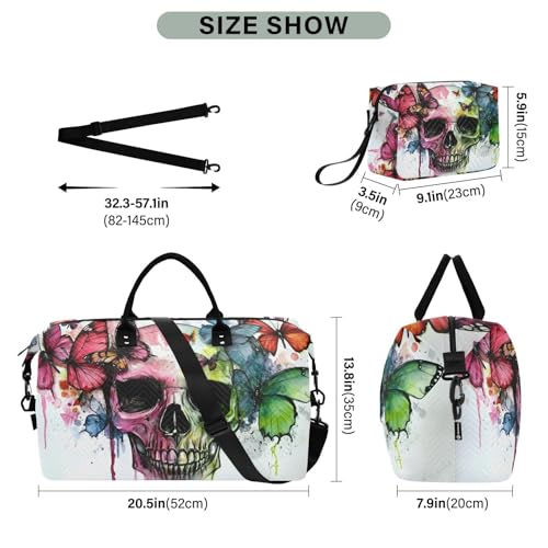 Large Travel Duffel Bag, Skull Butterflies Colorful Sport Tote Gym Bags, Shoulder Weekender Overnight Bags for Women Men, Carry On Luggage with Toiletry Bag3