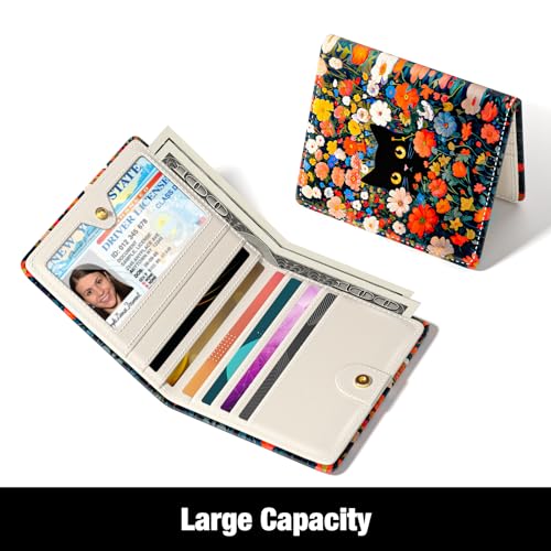 Rouidr Womens Wallet, RFID Small Slim Wallet for Women, Cute Bifold Leather Pocket Credit Card Holder Ladies Mini Purse with Zipper Coin Pocket & ID Window, Colorful Flowers Cat3