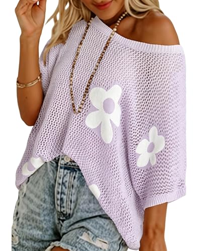 Image of SELINK Flower Crochet Tops for Women Short Sleeve Hollow Out Sweaters Swimsuit Cover Ups Lightweight Knit Pullover