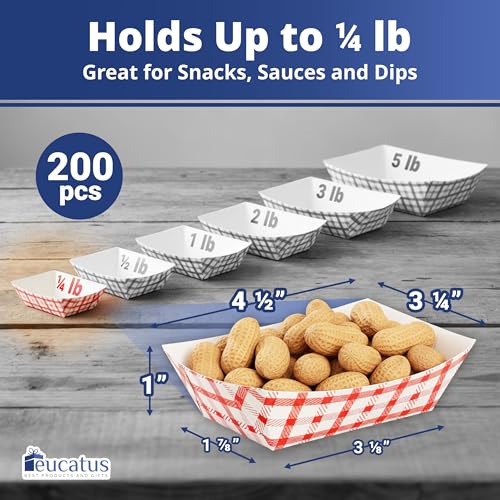 Heavy Duty, Greaseproof .25 Lb Paper Food Trays 200 Pk. Recyclable, Coated Mini Paperboard Baskets. Ideal Tray for Festival, Carnival and Concession Stand Treats Like Fries, Ice Cream and Onion Rings
