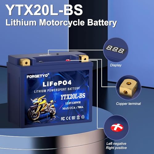 Image of Lithium Motorcycle Battery, Forgetyo YTX20L-BS LiFePO4 Battery, 12V 10AH 700A ATV, UTV, Jet Ski, 4 Wheeler, Snowmobile, Personal Watercraft, Seadoo, Polaris, Generator and Riding Lawn Mower Battery