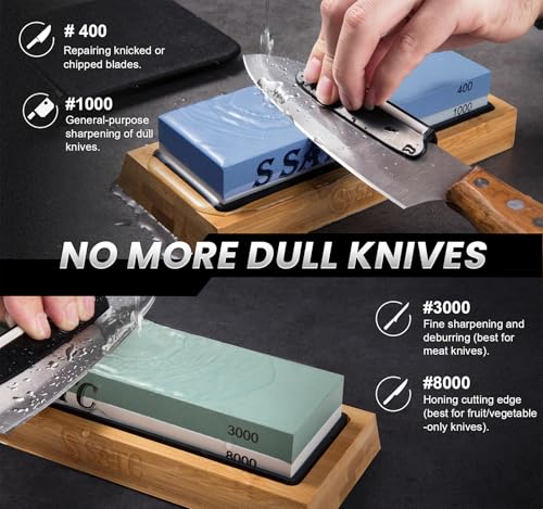 SATC Sharpening Stones for Kitchen Knives 400 1000 3000 8000 Grit Whetstone Knife Sharpener with Non-Slip Wood Base, Flattening Stone, Angle Guide and Leather Strop - Image 3