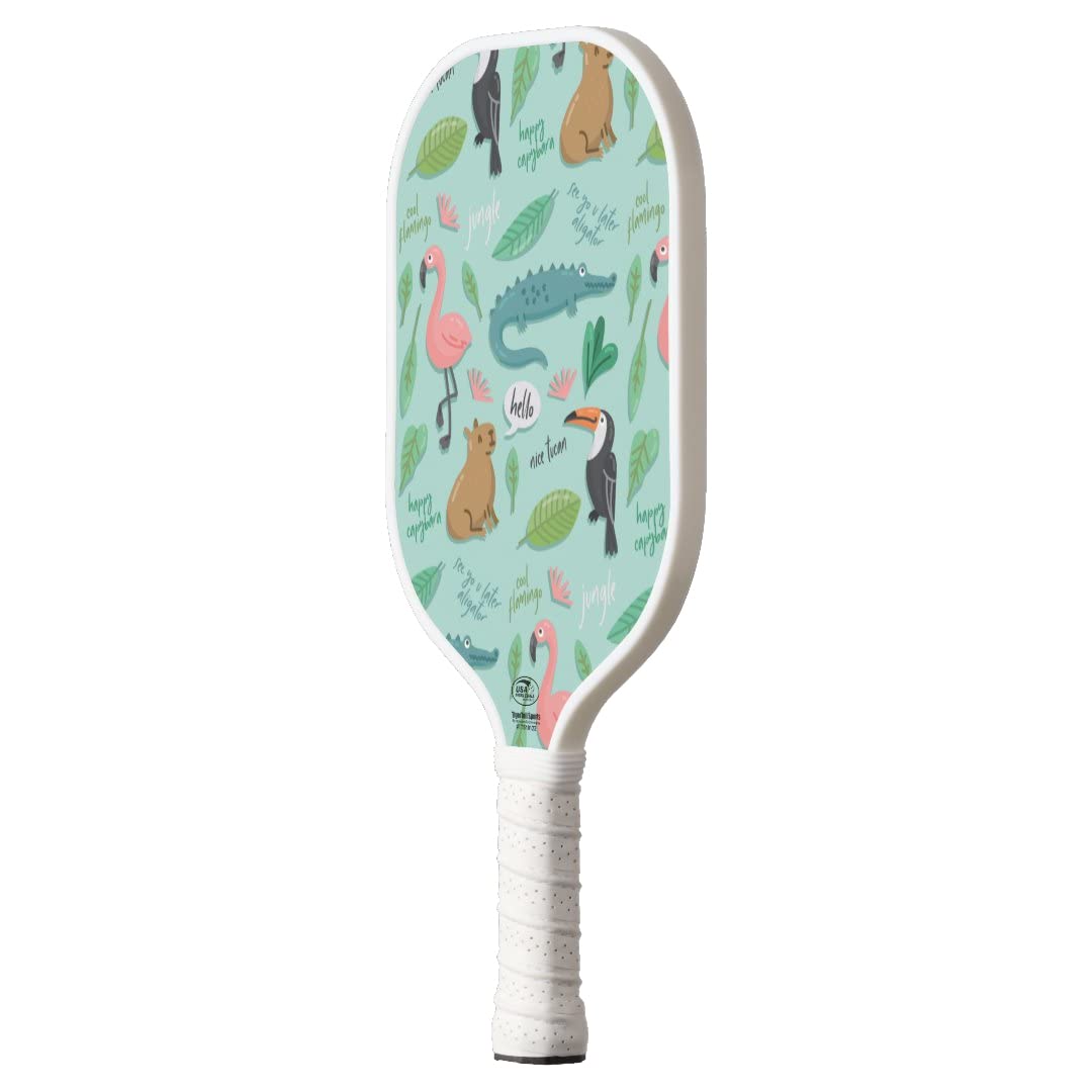 TigerTail Sports Animals on Green Colorful Design Pickleball Paddle, USA Pickleball Approved, White Trim