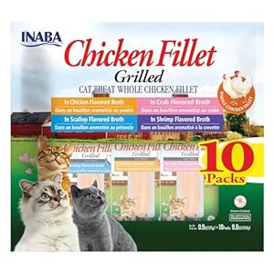 INABA Natural, Premium Hand-Cut Grilled Chicken Fillet Cat Treats/Topper/Complement with Vitamin E and Green Tea Extract, 0.9 Ounces Each, 10 Pack, Variety Pack
