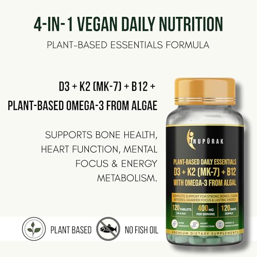 Image of Vegan D3 K2 B12 & Omega 3 DHA Tablets | 4-in-1 Daily Essential Supplement | Bone, Brain, Heart & Energy Support | D3 (Lichen) + K2 MK-7 (Natto) + B12 + 250mg Algal DHA | 120 Veg Tablets (120 Days)