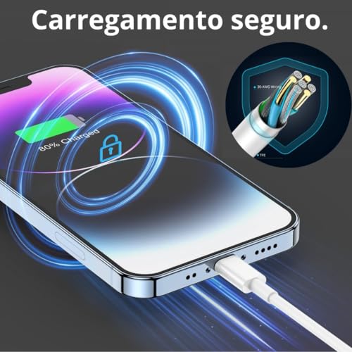 Cabo de Celular Compativel com iPhone/Lightning + USB-C de 1m, Turbo 30W Ultrarrápido, Silicone Refo