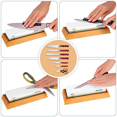 Sharpening Stone, Meterk Premium Whetstone Dual Side Grit 1000/6000 Knife Sharpener Stone with Non-slip Bamboo Base, Flattening Stone & Angle Guide, Sharpening Stone Set for Home & Kitchen