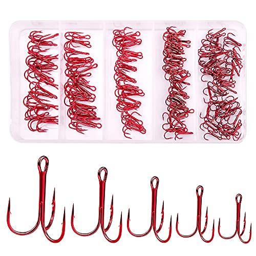 YUMUN 50 Stück Drillinge Haken, Treble Angelhaken, Kohlenstoffstahl Angelhaken, Drillinge Angelhaken Set, Angel Haken…