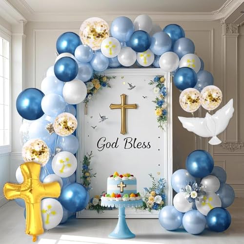 Image of 132Pcs God Bless Baptism Blue Balloon Garland Arch Kit First Holy Communion Decoration Christian Religious Party Decor Cross Dove Balloon Girl Mi Bautizo Christening Birthday Baby Shower Party Supplie
