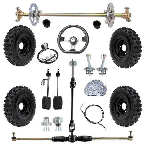 YC Yier 29 Complete Go Kart Rear Live Axle Kit with 4.10-6 Wheels Tires Go Cart Steering Kit Brake Assembly Steering Spindle 3 Stud Wheel Hubs for DIY Drift Trike ATV Quad Buggy