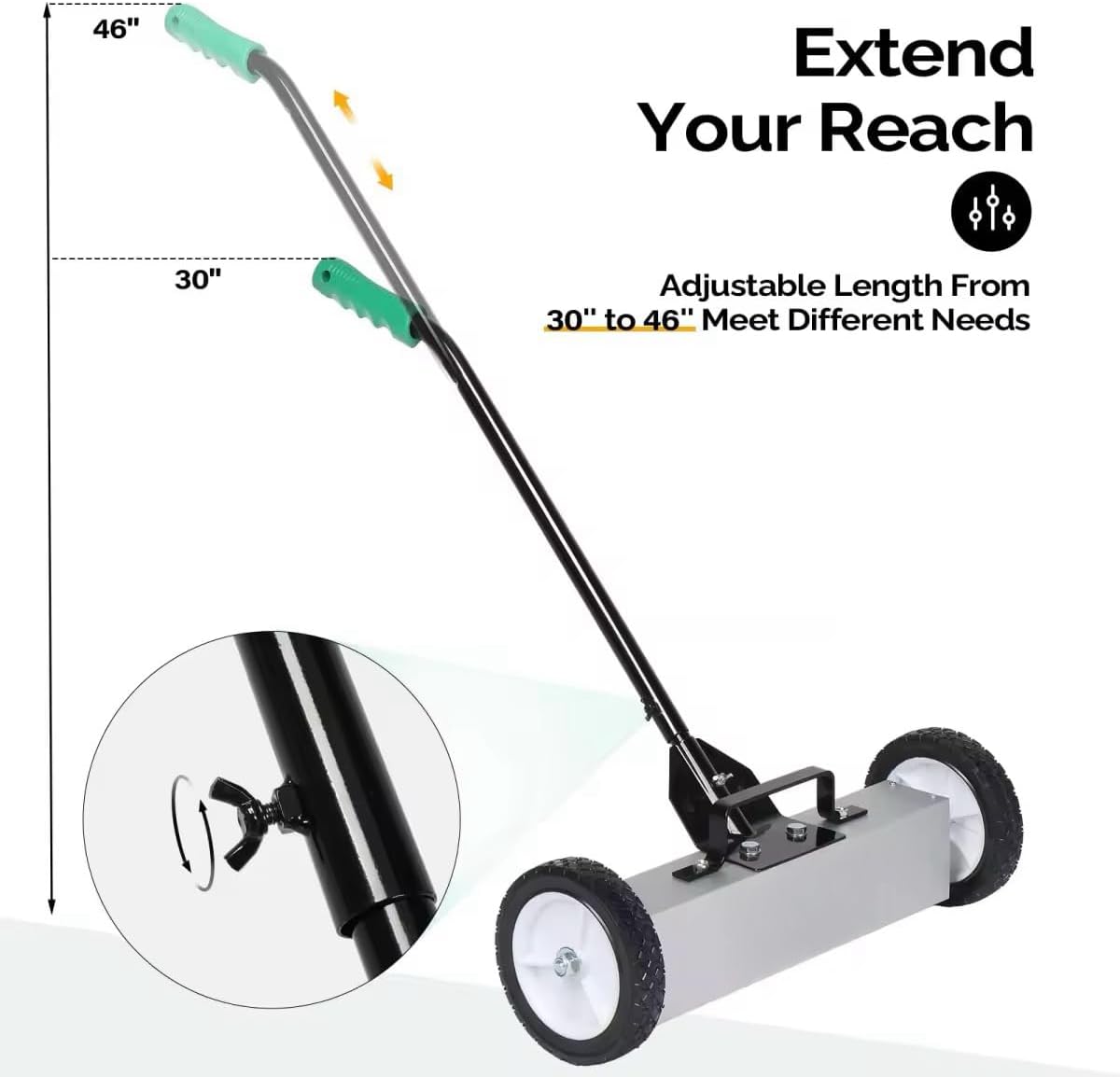 LEADZM 18-Inch Rolling Magnetic Pick-Up Sweeper with Wheels, with Quick Release Latch and Adjustable Long Handle, for Nails Needles Screws Collection, Great for Yard Grass Carpet and Concrete Floor