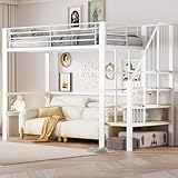 YCYDHDM Cama alta de metal 90 x 200 cm con escalera y espacio de almacenamiento, litera con protección anticaídas, diseño de valla de seguridad, cama para niños y adolescentes, color blanco