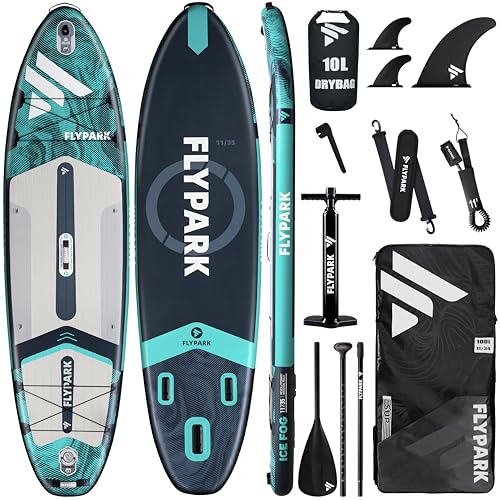 Flypark 11フィートx35インチ インフレータブル スタンドアップパドルボード エクストラワイド SUPパドルボード インフレータブル ヨガスタンドアップパドルボード 116Lバックパック Dリング15個 ショルダーストラップ USフィン 2アクションポンプ（Amazon）