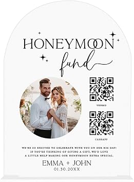 Andaz Press Custom Honeymoon Fund QR Code Sign with Stand, Personalized White Acrylic Wedding Fund Box Alternative for Cash, Honey Moon Fund Box Sign with QR Code and Round Photo for Wedding, 7x5 Inch