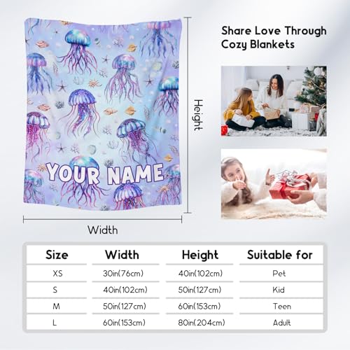Custom Jellyfish Blanket with Name for Kids, Cute Soft Gifts for Ocean Lovers, Cozy Flannel Throw for Couch Sofa, 30"x40"