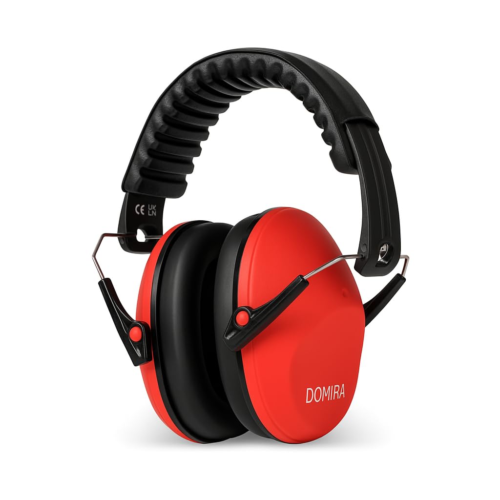 Domira Unisex Kids Red Ear Defenders – Noise Cancelling Ear Muffs For Kids – Hearing Protection, Shooting Ear Defenders, Autism Headphones, Soundproof Ear Muffs For Sleeping, Work & Travel (Red)