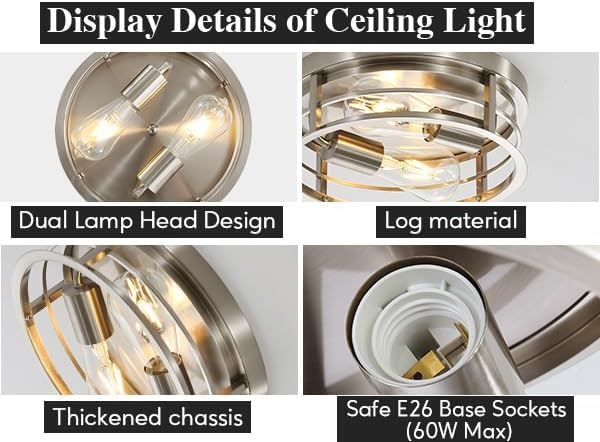 Miniatura 4 de Lámpara de techo redonda empotrada de 2 luces, jaula de metal de níquel cepillado de granja cerca del techo, lámpara de montaje semitecho de base