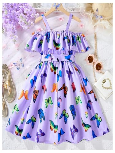 Girl's Butterfly Flowy Dress Cold Shoulder Ruffle Belted A Line Birthday Fairy Dresses2