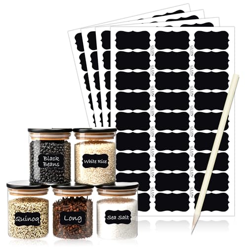 Image of GLUN 100 Piece Reusable Waterproof Black Vinyl Label Stickers with White Marker - Self-Adhesive Chalkboard Labels for Mason Jars, Glass Bottles, Plastic Containers & Spice Storage